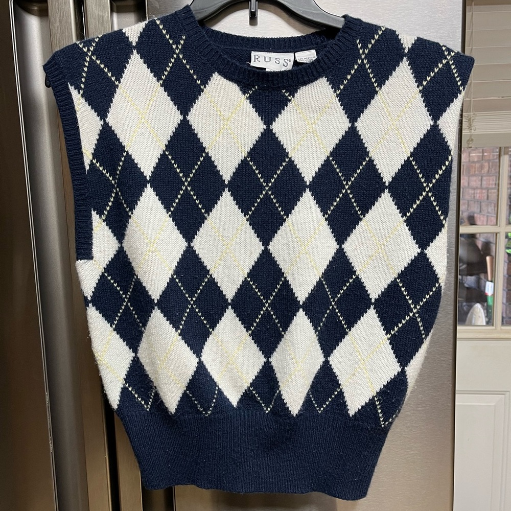 Vintage Russ Argyle Blue plaid Knit Sweater Vest Medium